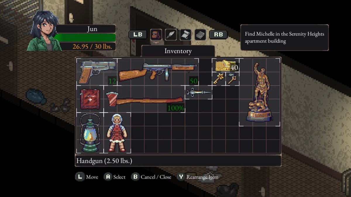 A character with a flashlight on a dark forest path, with a red status bar.