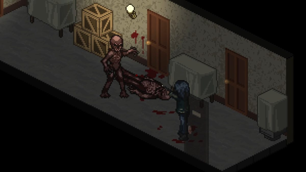Isometric room with a flashlight, a red status bar, and an inventory grid with an item description.